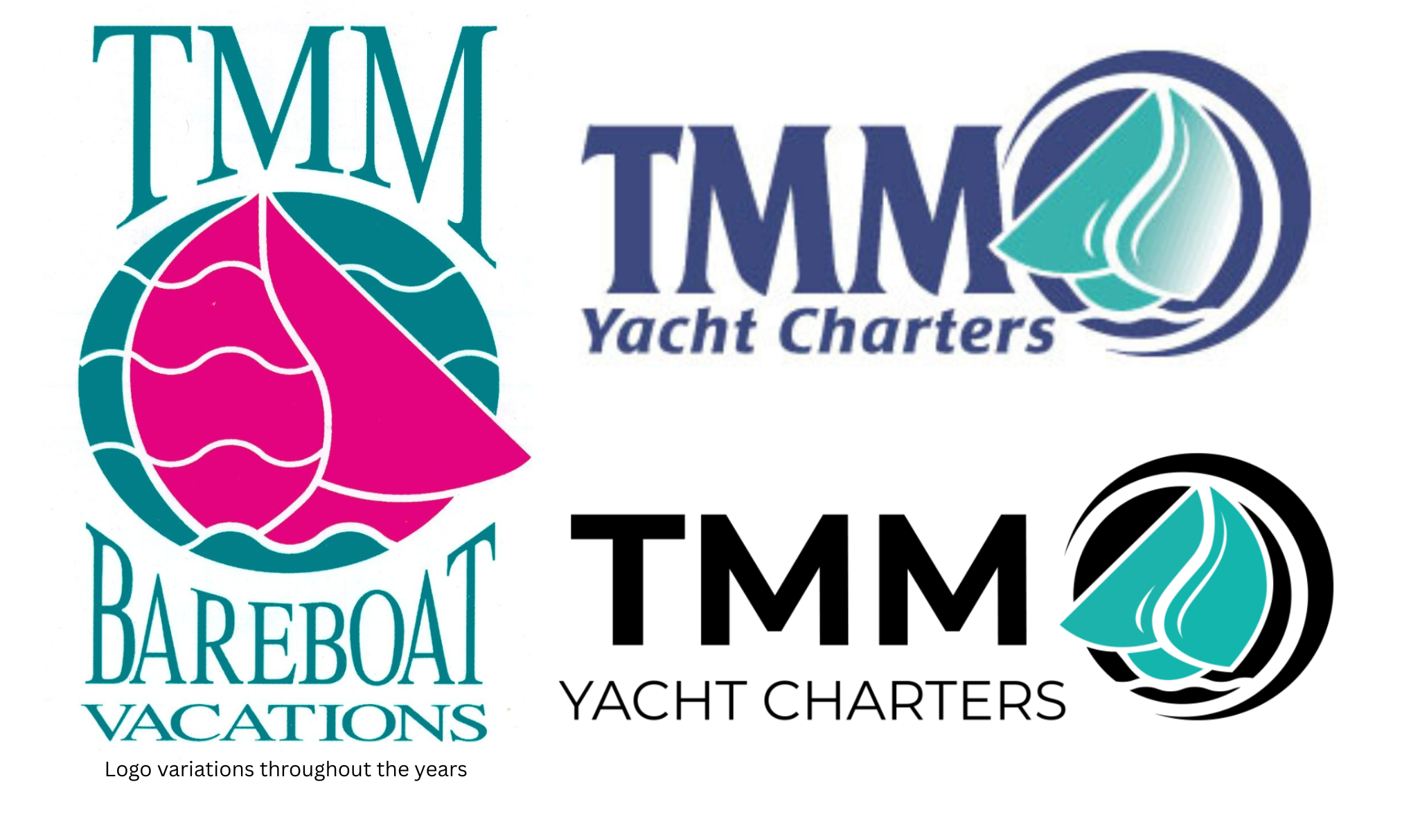 TMM Yacht Charters logo evolution from the original Bareboat Vacations branding to the modern yacht charter logo.